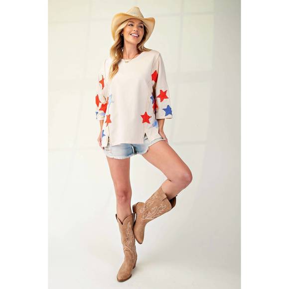 NEW EASEL soft washed star patches terry knit pullover in natural - Picture 2 of 3